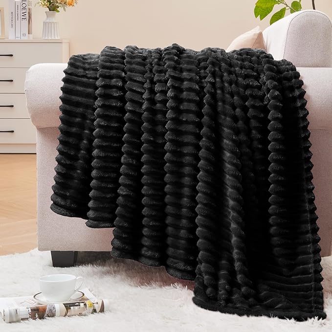 BEDELITE Ribbed Jacquard Black Fleece Throw Blanket for Couch, 50x60 Inch | Soft Warm Decorative Fluffy Blanket, Cozy Plush Lightweight Fuzzy Throw Blanket for Bed Sofa Home Room Decor, Gift for Women