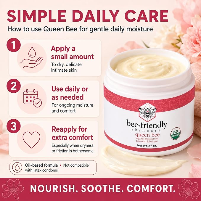 BeeFriendly® Organic Vaginal Moisturizer, USDA Certified, 4 oz (2 Jar Box) | Natural Vulva Cream, For Dryness, Itching, Irritation, Redness & Chafing, Due to Menopause & Thinning