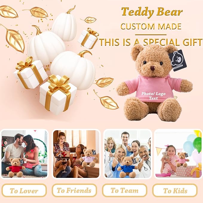 Personalized Teddy Bear Stuffed Animal, Stuffed Bear Plush with Customized Text+ Picture as Personalized Gifts for Girlfriend/Boyfriend on Valentines Day/Birthday/Christmas Day (12 in-Pink)