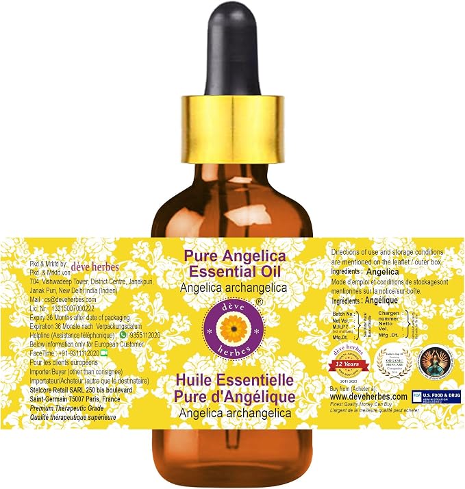 Deve Herbes Pure Angelica Essential Oil (Angelica archangelica) with Glass Dropper Natural Therapeutic Grade Steam Distilled 5ml (0.16 oz)