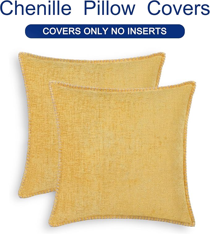 CaliTime Decorative Couch Throw Pillow Covers 20 X 20 Inches Gold | Pack of 2, Cozy Chenille Cushion Cases, Cotton Thread Stitching Edges, for Sofa Bed Living Room Farmhouse