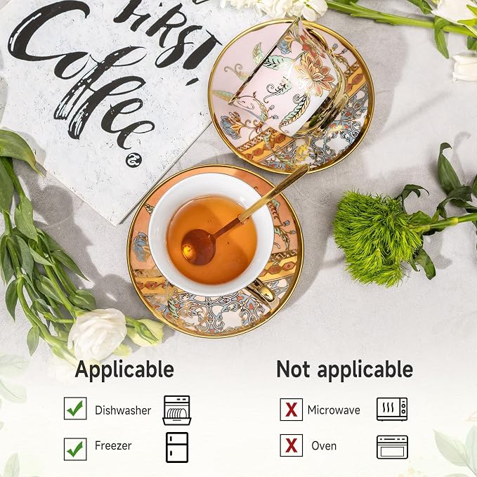 Tea Cups and Saucers Set of 8, 8 OZ Floral Tea Cup with Saucer, Vintage Tea Cups Porcelain Tea Set with Spoon for Latte , Mocha , Afternoon Tea Birthday Party Supply Thanksgiving Day Halloween gifts
