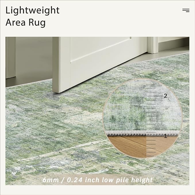 Soalmost Abstract 5x5 Round Rug 5ft Circle Living Room Rugs, Green/Ivory | Washable Vintage Indoor Carpet for Dining Bedroom, Low Pile Stain Resistant Foldable Floor Mat Entryway Home Office Decor