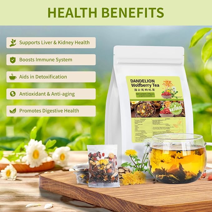Dandelion Wolfberry Tea, Natural Kidneys & Liver Health Dandelion Root Tea with Dandelion, Wolfberry, Cassia Seed, Chrysanthemum, Licorice, Orange Peel, Gardenia (2 Pack/24 Bags)