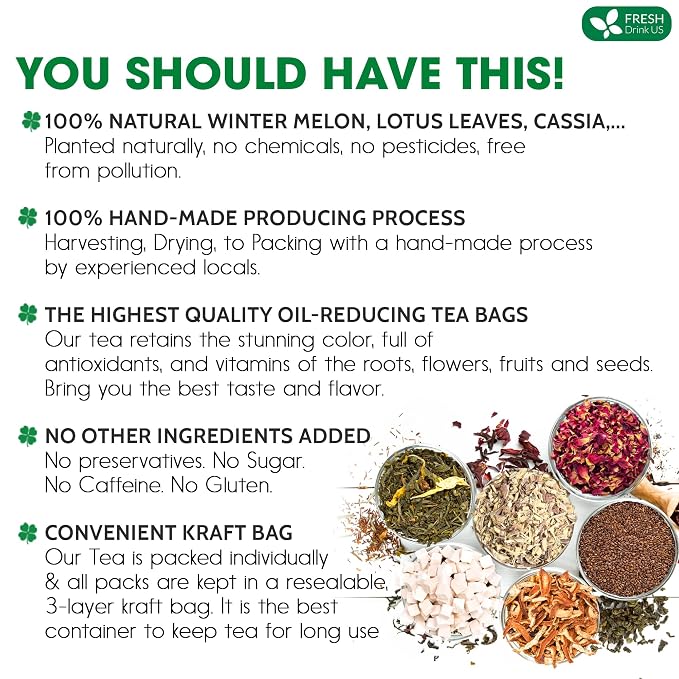 FRESHDRINKUS, 30 Packs of Oil Reducing Tea, Oil Cleansing for Liver, 10 Herbal Ingredients, Traditional Recipe Tea for Liver, 100% Natural, Easy Brewing, Steep Repeatedly (30 Packs)