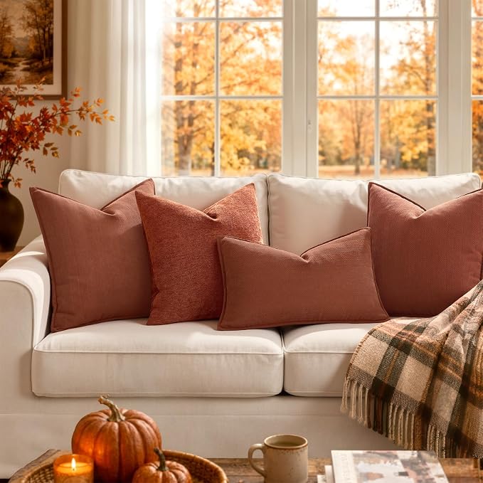 MIULEE Pack of 2 Fall Burnt Orange Euro Shams Chenille Pillow Covers 26x26 | Decorative Soft Couch Throw Pillows,Farmhouse Cushion Covers,Elegant Design for Sofa,Bed,Living Room,Summer Decor