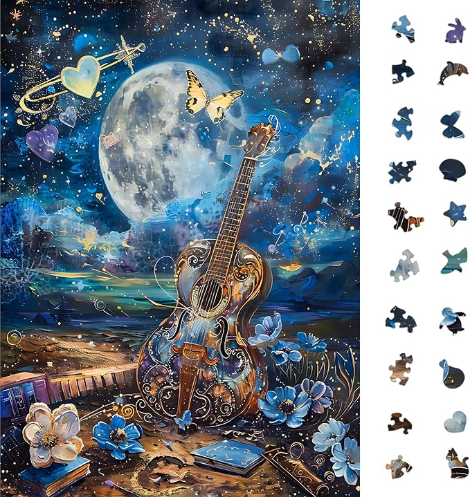 Guitar Moon Night Jigsaw Puzzles for Adults 1000 Pieces, Murder Mystery, Unique Brain Challenging Shaped Puzzle for Game Night, Family, Friends, Size 26.6x19.2