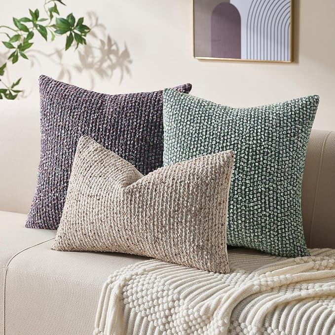 Allorry Throw Pillow Covers 18x18 Soft Wool Cushion Decorative Purple012E18 | Cozy Soft Touch,Neutral Textured Boho Cushion Covers Set of 2,for Modern Farmhouse Sofa Bedroom Living Room Decor