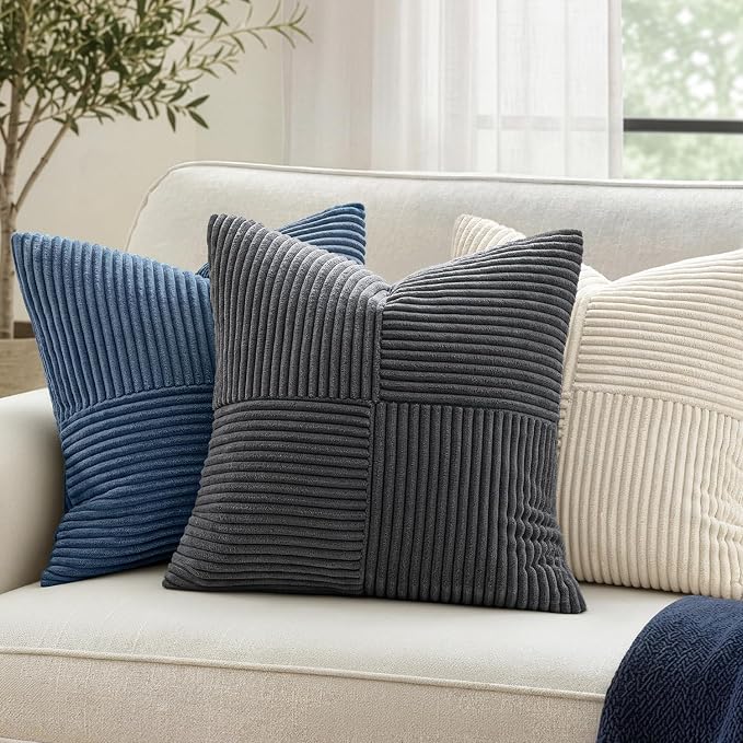 MIULEE Grey Decorative Euro Sham Pillow Covers 24x24 Inch 2 Pack | Boho Farmhouse Pillow Covers, Soft Cross Corduroy Patchwork Textured Cushion Cases For Couch Bed Sofa