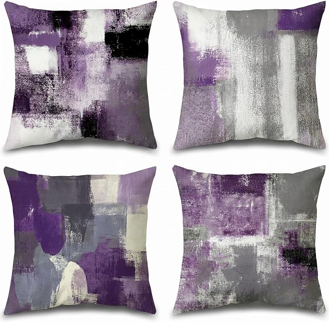 Purple Grey Abstract Throw Pillow Covers 18x18 Set of 4 | Lavender & Grey Modern‑Art Cushion Cases, neutral aesthetic pillowcases for sofa, bedroom & chair