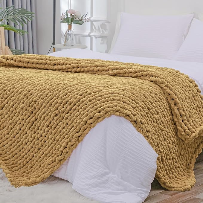 Bigacogo Chunky Knit Throw Blanket for Couch, 40x80 inches, Goldenrod | Hand Knit with Jumbo Chenille, Soft Breathable Cable Knit for Sofa Bed Living Room, Machine Washable, Gift for Mom Friend