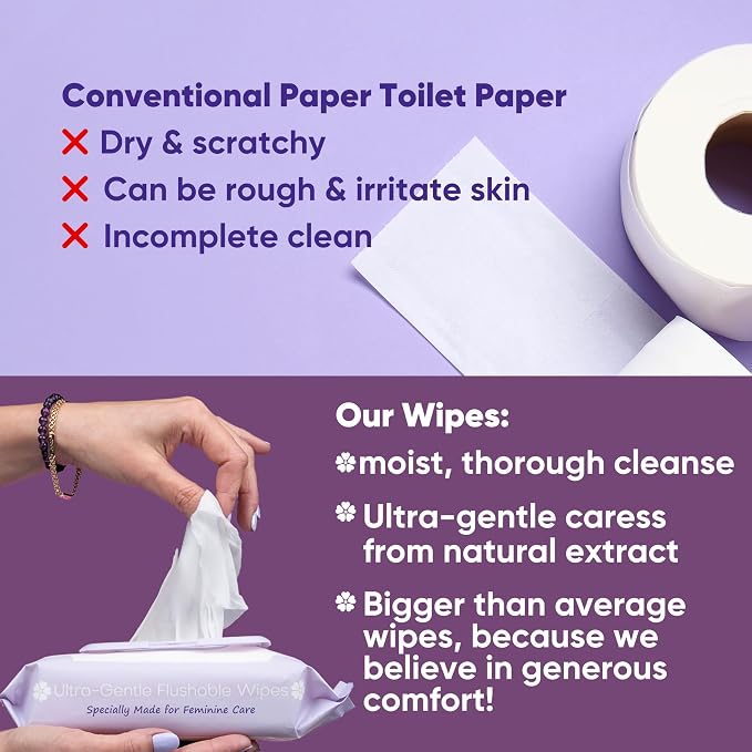 Violet Vibes Toilet-Friendly Coconut Rose Wet Wipes for Women | Butt & Vaginal Freshness | Soft, Clean, Refreshing Hygiene | Dermatologist Approved Flushable Feminine Wipe for Sensitive Skin 80 ct