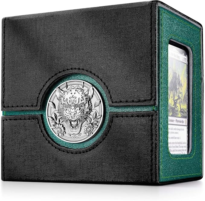 Kabinka Commander Deck Box for MTG with Metal Emblem, Card Deck Box with Dice Tray, Holds 100 Double-Sleeved Cards for PTCG, Cards Storage Case with 35PT Magnetic Card Holder (Black& Green, Leopard)