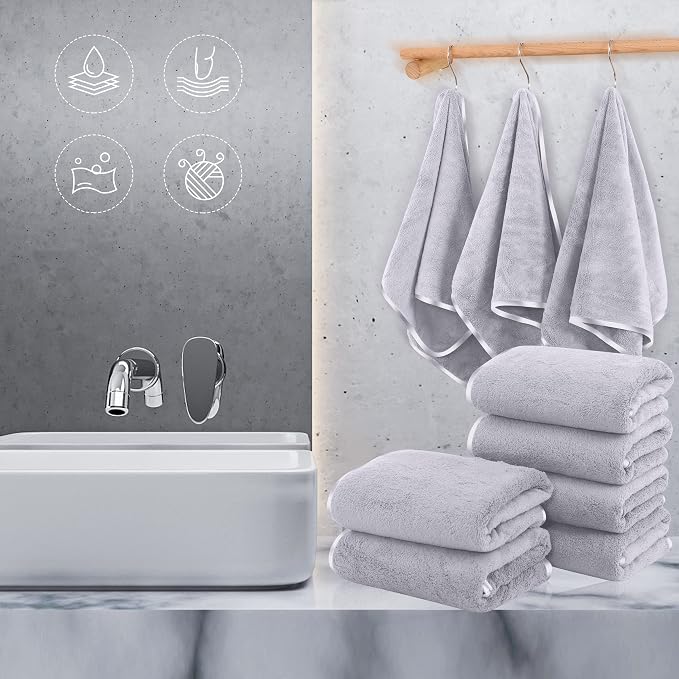 TENSTARS Silk Hemming Hand Towels for Bathroom - Quick Drying - Ultra Soft Microfiber Absorbent Towel for Bath Fitness, Gym, Shower, Hotel, and Spa - 16x28 Inch | Set of 6, Light Grey