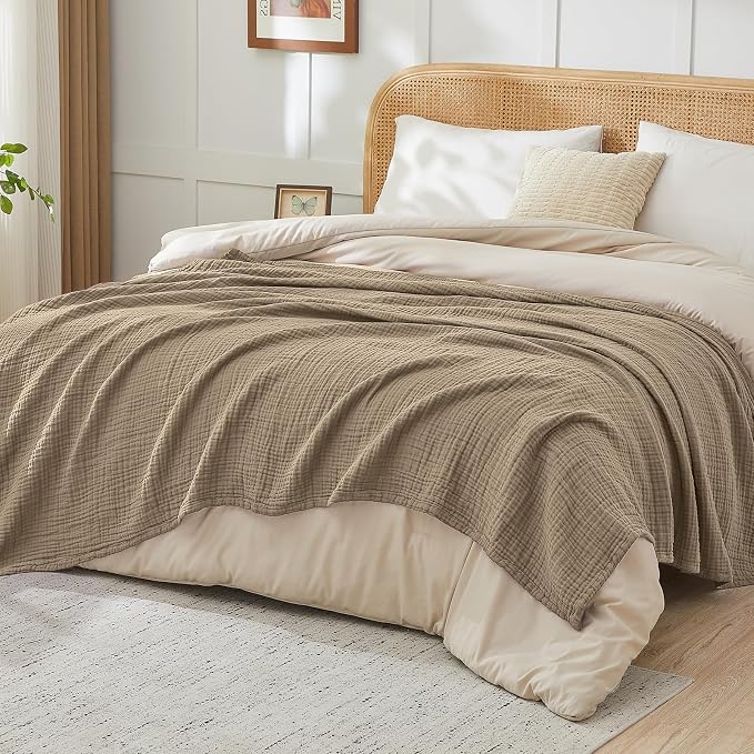 EMME Muslin Blankets for Adults Throw Blanket for Couch Breathable Gauze Soft Lightweight Airy Tan Throw XL 50" x 71"