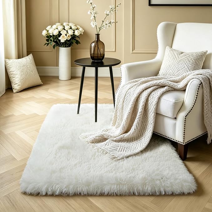 KCHOWUA Cream White Fluffy Area Rug 2x3, 2 Pcs Machine Washable Fuzzy | Soft plush shaggy throw rug Ivory for girls bedroom, living room, kids room, dorm, and nursery