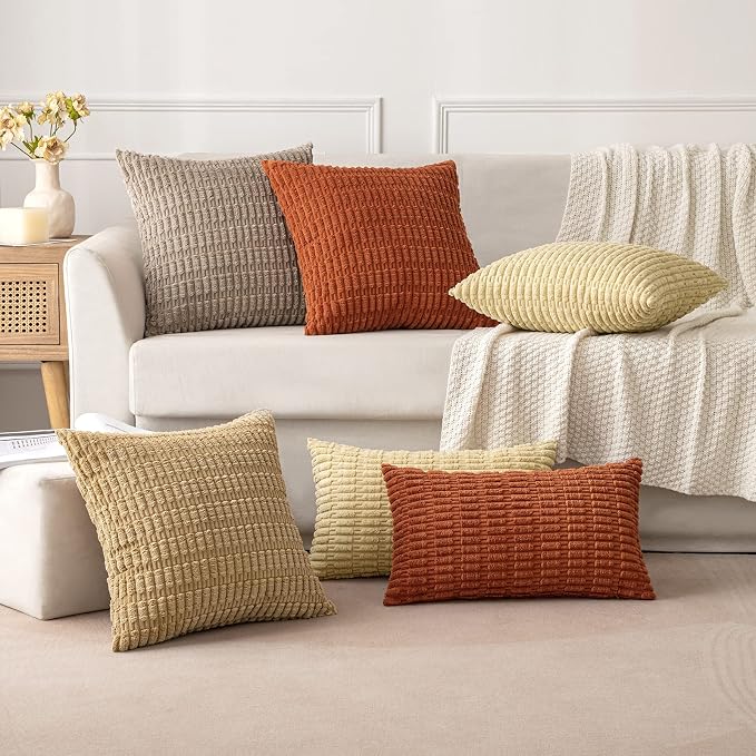 MIULEE Euro Sham Corduroy Decorative Throw Pillow Covers 22x22 Khaki | Pack of 2 Soft Boho Striped Pillow Covers Modern Farmhouse Fall Home Decor For Sofa Living Room Couch Bed