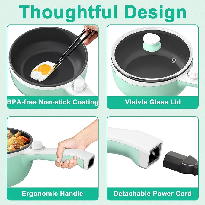 Dezin Hot Pot Electric, 1.5L Non-Stick Portable Electric Pot, Dual Power | 700W Upgraded Electric Pot for Cooking Steak, Egg, Oatmeal, Soup, Mini Ramen Cooker for Dorm, Travel, Office, RV, Green Pan