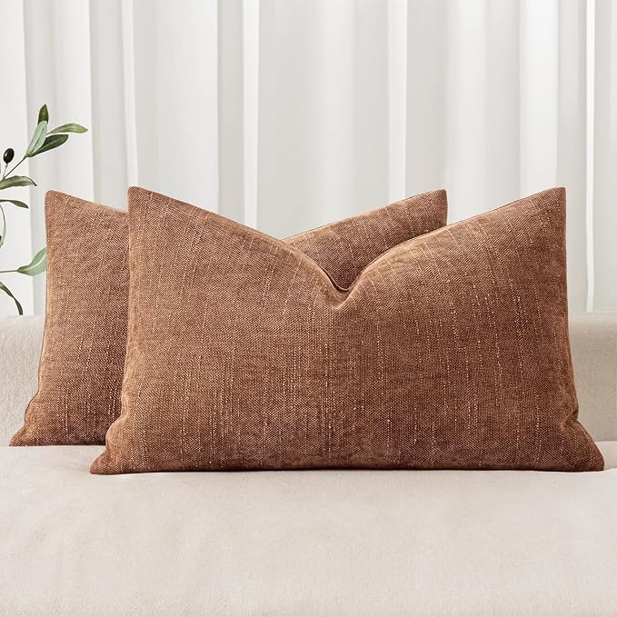 MIULEE 12x20 Inch Lumbar Textured Chenille Throw Pillow Covers Pecan Brown | Pack of 2 Decorative Soft Throw Pillows, Solid Textured Cushion Covers, Modern Home Decor for Couch Sofa Bedroom Living Room
