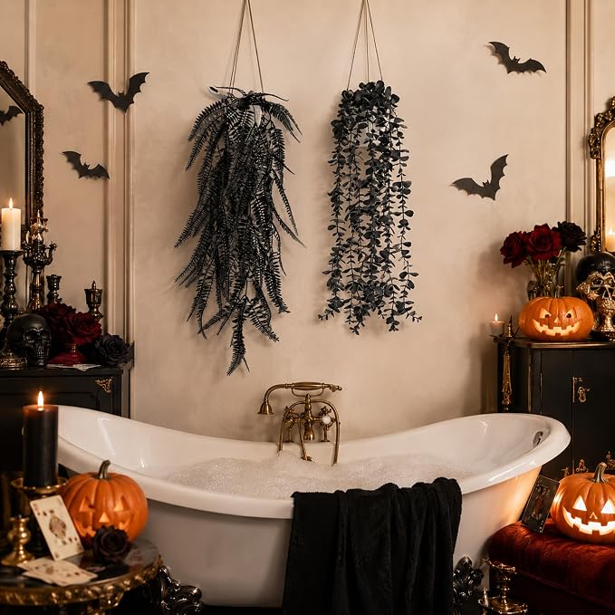 Der Rose 4 Pcs Fake Hanging Plants for Halloween Bathroom Decor Indoor | Black and purple party decorations for gothic halloween decor, bathroom shelves, covered porches and Halloween mantel decor