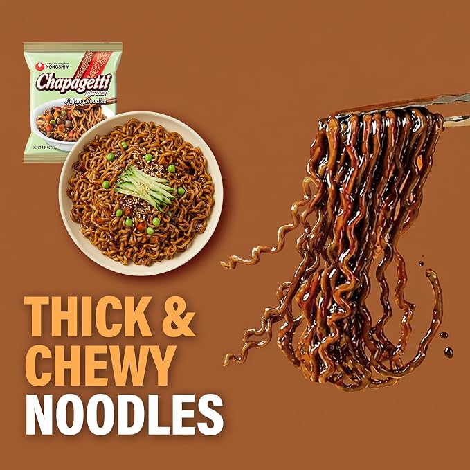 Nongshim Chapagetti, Black Bean Jajangmyeon Korean Ramen Noodles, 10 Pack | Black bean instant noodles with roasted chunjang sauce, onion-garlic notes, chewy sauce-coated finish