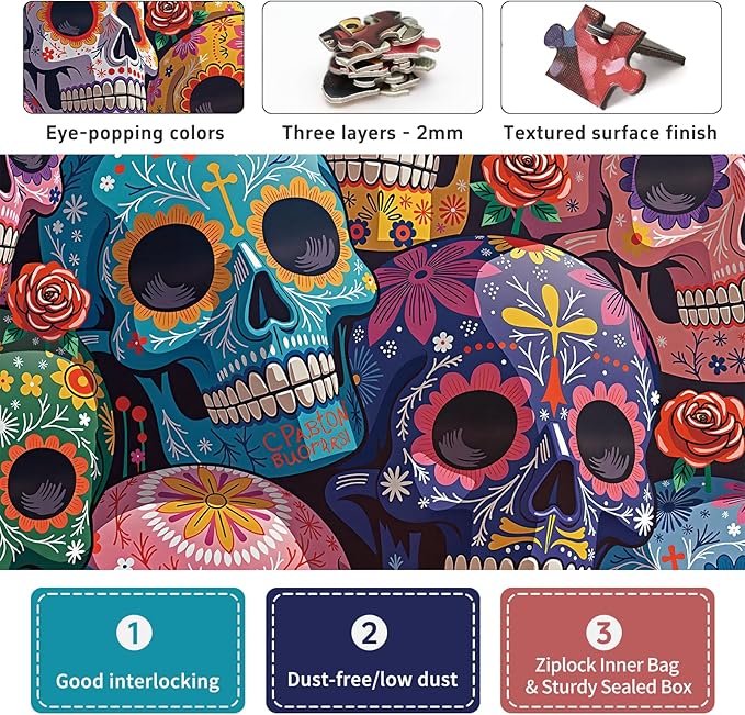 1000 Piece Puzzle for Adults, Colorful Floral Skull Artwork with Matte Finish, Color-Coded Back for Easy Sorting, Vibrant Art Puzzle for Adults, 19.25 x 26.65 in