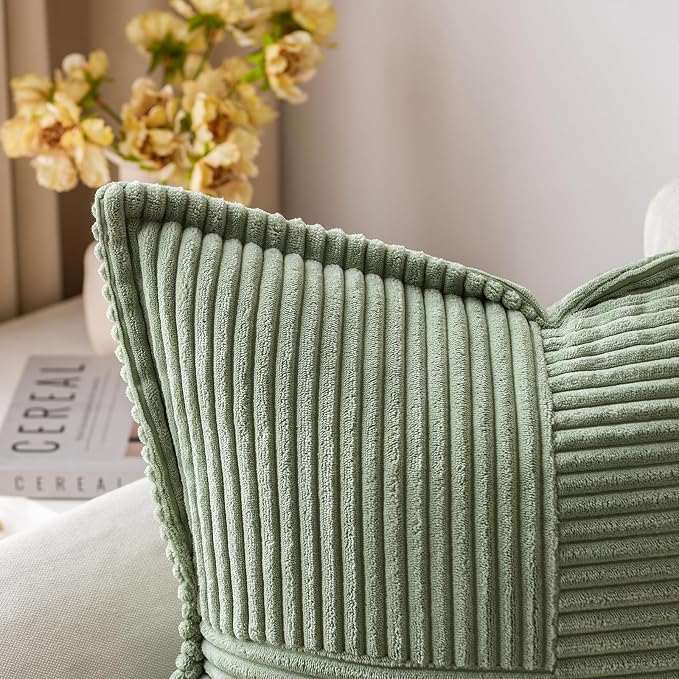 MIULEE Decorative Euro Sham Throw Pillow Covers 24x24 Light Olive Green | 2 Pack, Boho Broadside Striped Patchwork Pillow Covers, Soft Corduroy Cushion Cases, For Bed Couch Sofa Livingroom Home Decor