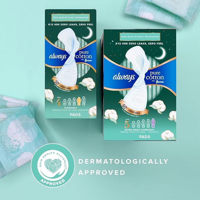 Always Pure Cotton Feminine Pads for Women, FlexFoam Pads with Wings, Size 4, Overnight Absorbency, Unscented, 60 Count (Pack of 2)