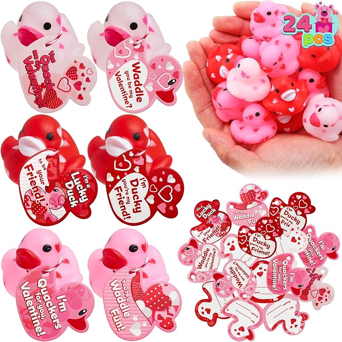 JOYIN 24 Pcs Valentine’s Day Mini Rubber Duck 1.2 Inches with Gift Cards, Small Rubber Duckies with Duck Card Tags, Rubber Duck Bath Toys for Classroom Exchange Prizes, Valentine Party Favors Toys