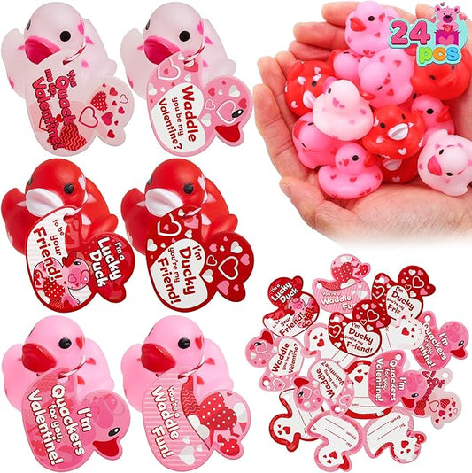 JOYIN 24 Pcs Valentine’s Day Mini Rubber Duck 1.2 Inches with Gift Cards, Small Rubber Duckies with Duck Card Tags, Rubber Duck Bath Toys for Classroom Exchange Prizes, Valentine Party Favors Toys