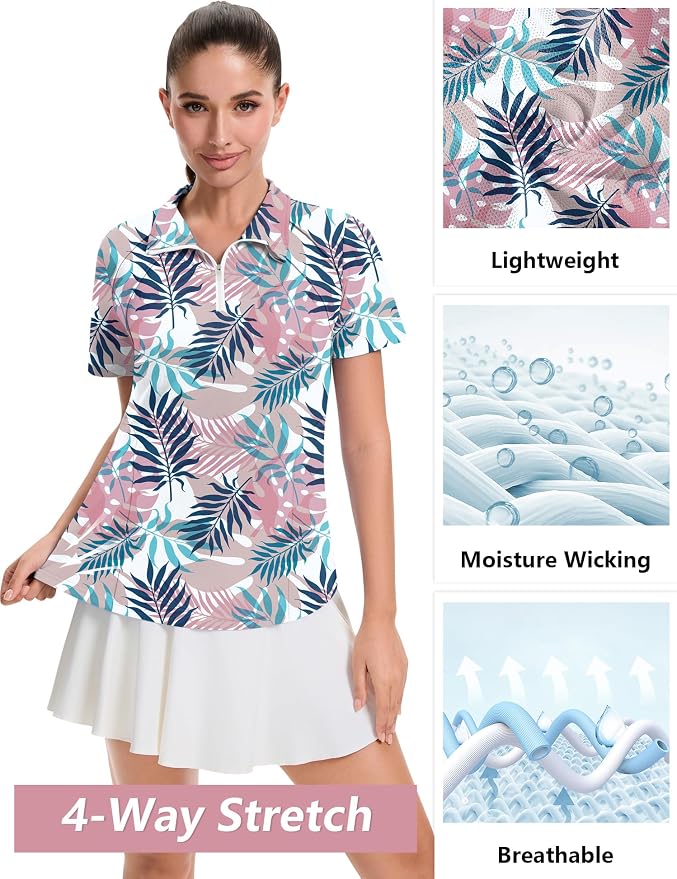 LOMON Womens Golf Polo Shirt Summer Short Sleeve Quarter Zip Outfit | Side-Pockets,Princess Seams,Cotton,Wrinkle Free,Moisture Wicking,Quick-Dry,Lightweight,Collared,for Tennis Workout