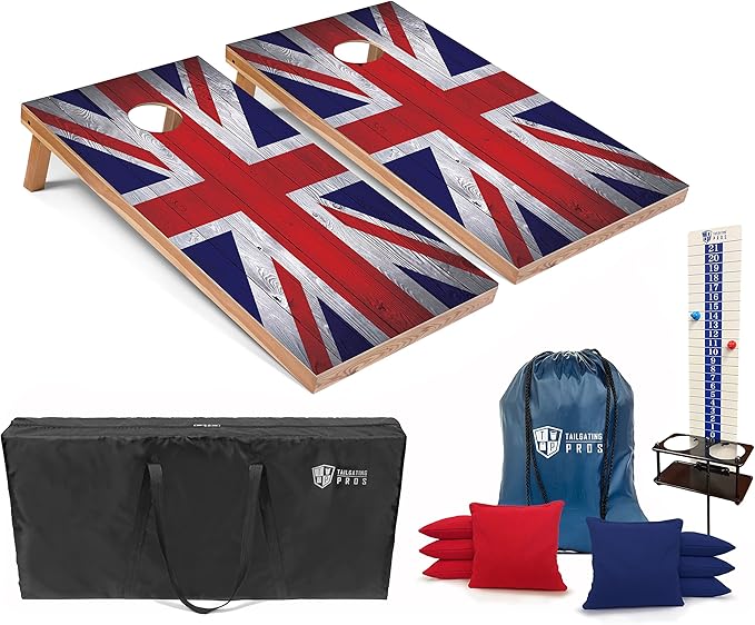 Tailgating Pros 4x2 Regulation Cornhole Boards Flag Set- Includes 8 Bean Bags, Carrying Cases, and Score Keeper - Optional LED Lights