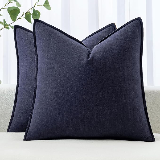 MIULEE Decorative Linen Pillow Covers 18x18 Inch Navy | Boho Farmhouse Neutral Couch Throw Pillows for Bed, Pack of 2 Accent Coastal Modern Pillowcases, Sofa Livingroom Home Decor