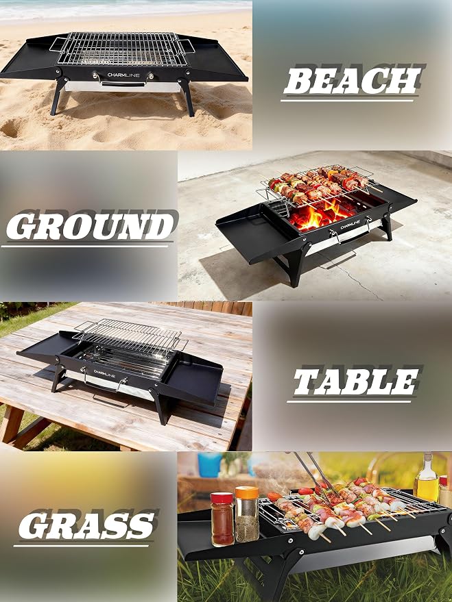 Charmline 15x11 inches Portable Charcoal Grill, Compact Portable BBQ Grill, Tabletop Charcoal Grills for Camping, Picnics, Gardens and Beach Parties, Black