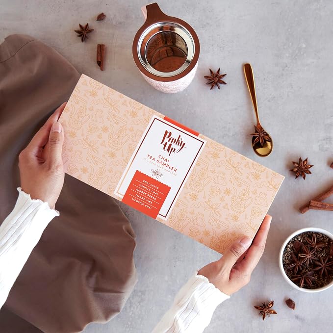 Pinky Up Chai Tea Gift Sampler, Variety Tea Packets of Flavored Tea, Loose Leaf Tea Sampler, Caffeinated Tea and Non-Caffeinated Tea Individual Packets