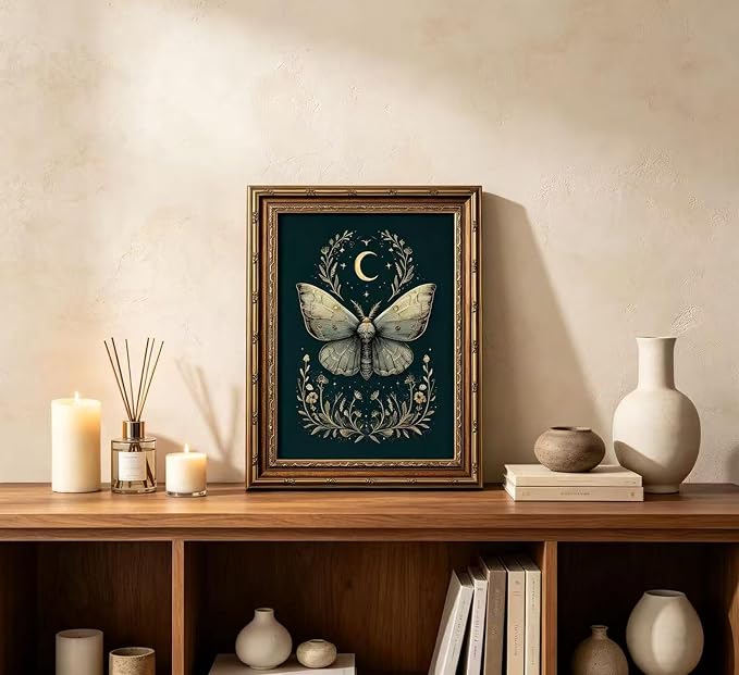 Vintage Gold Framed Celestial Moth Crescent Moon Wall Art Gothic Moody Ethereal Butterfly Picture Wall Decor Dark Botanical Insect Picture Canvas Print Mystical Witchy Poster Artwork for Living Room