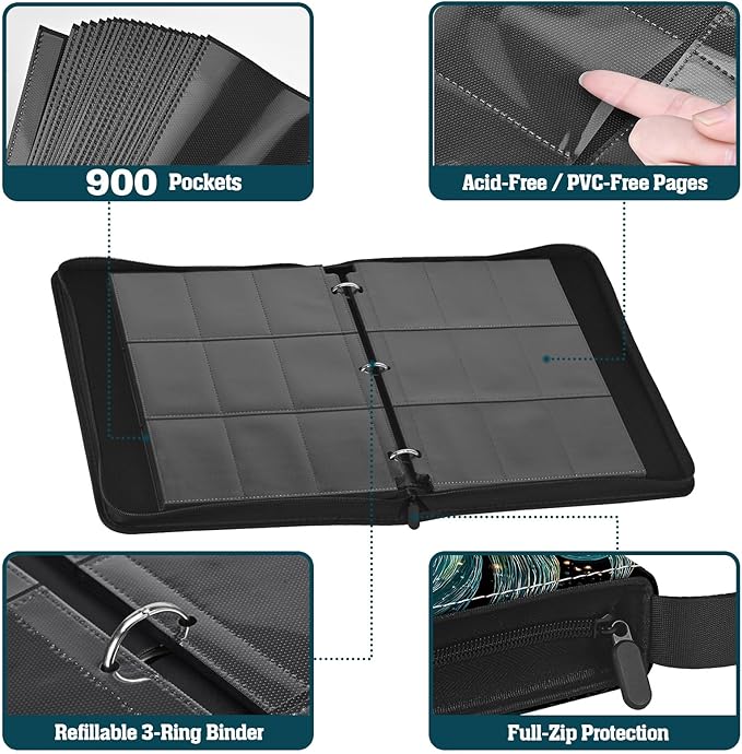 Trading Card Binder 9 Pocket, 900-Pocket Zippered 3-Ring Card Binder with 50 Double-Sided Pages, Fits 2.5" x 3.5" Cards, Acid-Free PVC-Free, Water-Resistant PU Cover, Wrist Strap, Fox Design