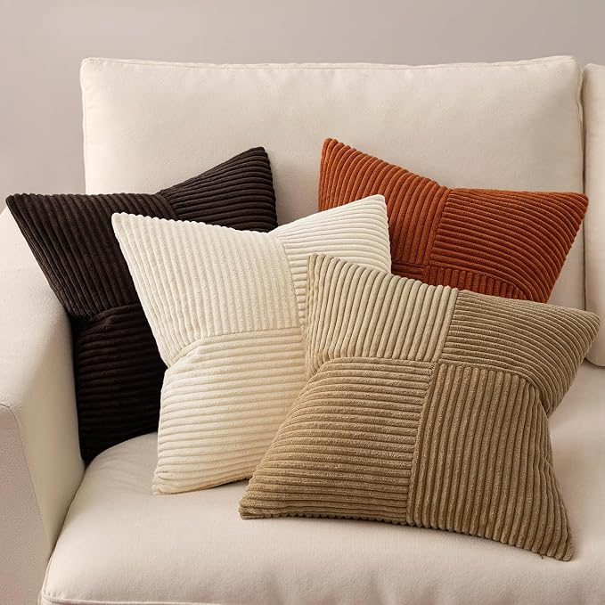 MIULEE Brown Beige Throw Pillow Covers 20x20 Inch Set of 4 Boho Farmhouse Cushion Cases for Livingroom Couch Bed Soft Corduroy Pillow Cases with Invisible Zipper Home Decor