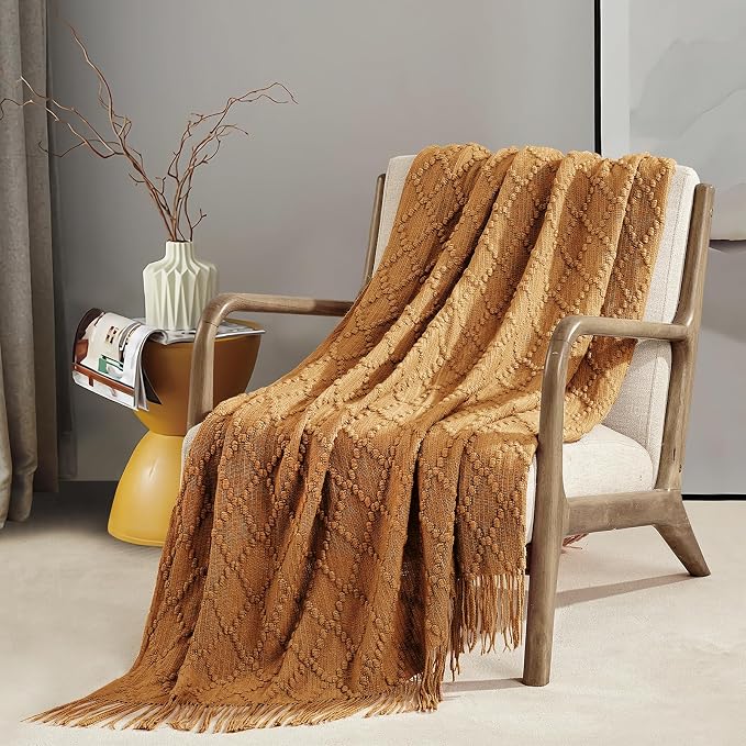BOURINA Almond Throw Blanket 50 x70 Inch Jacquard Throw Knitted Blanket | Jacquard Argyle Throw Textured Solid Soft Throws and Blankets for Sofa or Bed Knitted Decorative Blanket