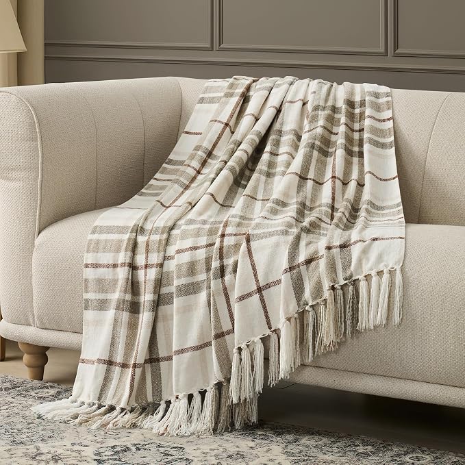 Plaid Chenille Queen Blanket for Bed, 90"x90", Beige | Super Soft Knit Throw with Tassels, Cozy, Decorative Farmhouse Plaid, Lightweight Blanket Queen Size for Couch Sofa Gift