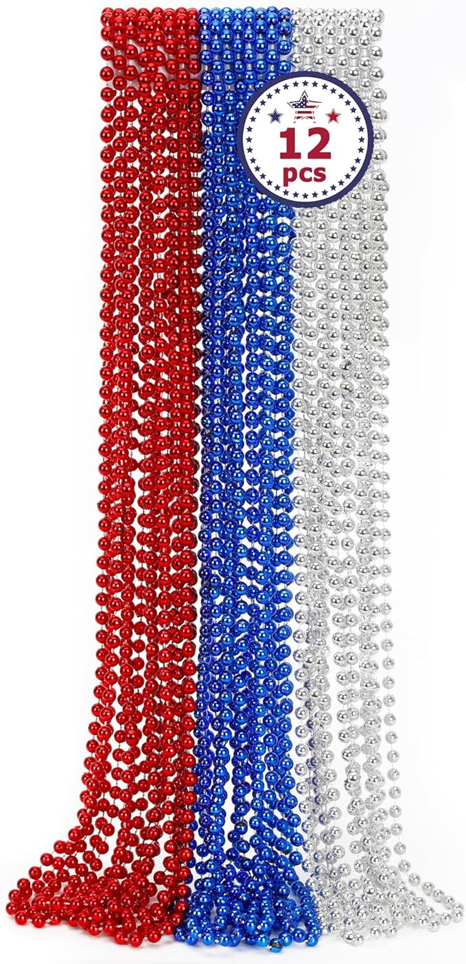 4th of July Party Favors, 12PCS Independence Day Necklaces Bulk, Fourth of July Red Blue Silver Beads Necklace, Patriotic Beads Bulk for Parade Party Celebration Favors Decorations