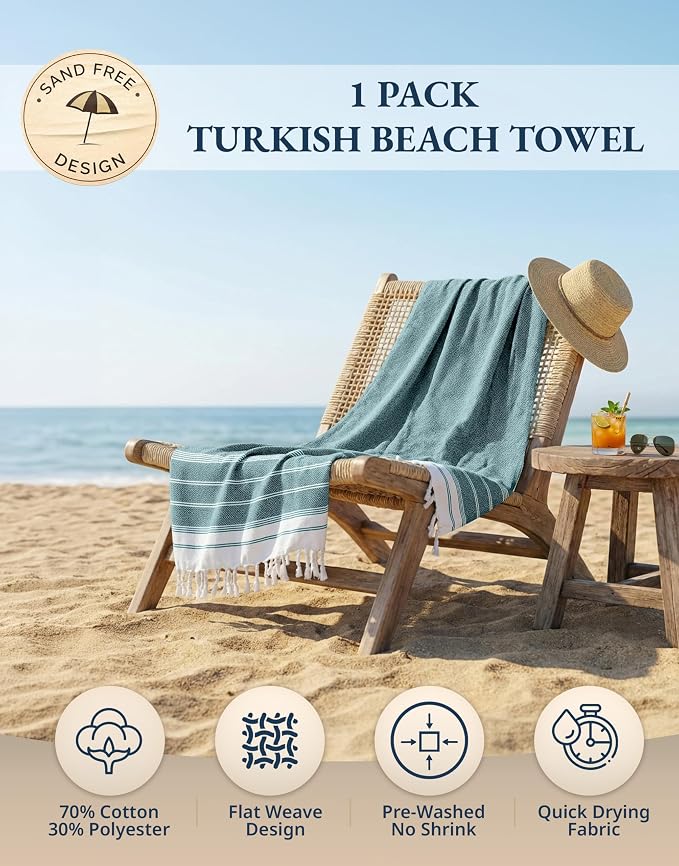 LANE LINEN Beach Towel - Beach Towels Oversized, Pre-Washed Large Beach Towels, Sandless Beach Towel, Quick Dry Travel Towel, Large Pool Towels, 39"x71" - Baltic