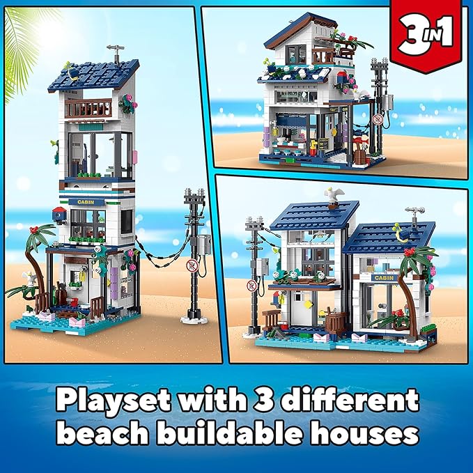3 in 1 City House Building Sets,Creative Modern House with Light,Seaside Beach Villa Japanese Style Cottage Friends Vacation Hut Building Blocks Toys for Kids Ages 6+