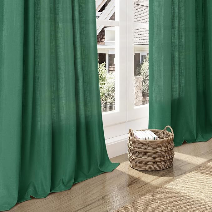 Dark Green Linen Curtains for Living Room 63 Inches Long 2 Panel Set Light Filtering Linen Drapes for Kitchen Windows Rod Pocket Back Tab Short See Through Curtain Country Farmhouse Decor 52x63