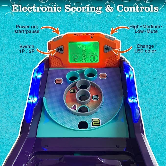 Alley Ball Game — Electronic Roll & Score Tabletop Arcade, Auto Scoring with Lights & Sound, Pull-Handle Launcher — 1-2 Players, Mini Arcade Game for Kids