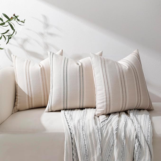 Hckot Striped Throw Pillow Covers 22x22 Set of 2 Taupe Pillow Covers | Farmhouse Decorative Pillows Textured Linen Square Cushion Covers for Sofa Couch Bed Living Room Decor(Taupe)