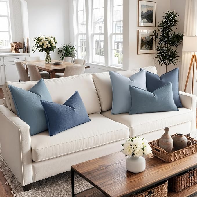 MIULEE Decorative Linen Lumbar Pillow Cover 12x20 Inch Blue Grey | Boho Farmhouse Couch Long Throw Pillow for Bed, Pack of 1 Accent Coastal Modern Pillowcase, Sofa Livingroom Home Decor