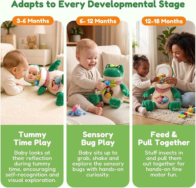 JoyCat Baby Toys 3-18 Months, Frog Montessori Toy Includes 4 Sensory Insects with Rattle, Crinkle, Squeaker & Baby Mirror for Tummy Time, Soft Stuffed Animal Toy for Infants Newborn Boy & Girl Gifts