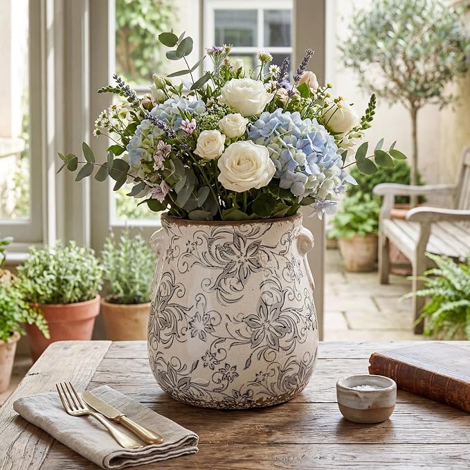 Ceramic Scroll Planter 6.5 Inch Chinoiserie Floral Vase with Drainage Holes Vintage Flower Vase Flower Pot Rustic Ceramic Pots for Indoor Plants Garden Home Bookshelf Decor(Gray Camellia)