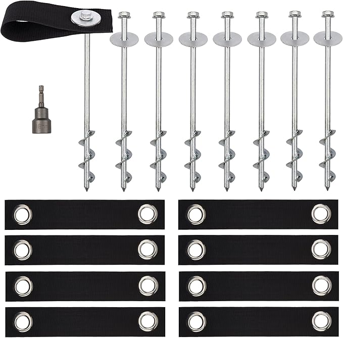 Trampoline Anchors High Wind Heavy Duty 12" Set of 4/6/8 with Straps, Drill Bit - Trampoline Anchor Kit - Trampoline Stakes Anchors High Wind - Ground Anchors - Trampoline Wind Stakes - Ground Stakes